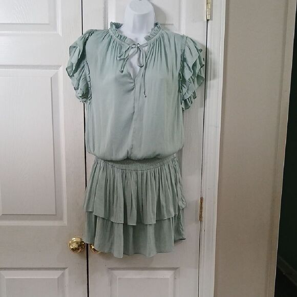 Mustard Seed light mint smocked waist layered mini dress super soft Sz S - Picture 1 of 8